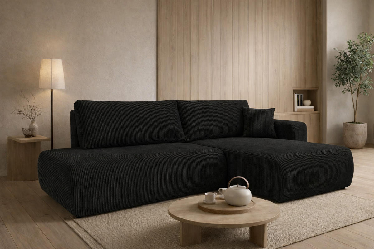 ECKSOFA Mit Schlaffunktion Und Bettkasten, Cordstoff Poso, Schwarz, Rechts, OPEN XL - Schwarz, Holz (262/145cm) - Kaiser Möbel
