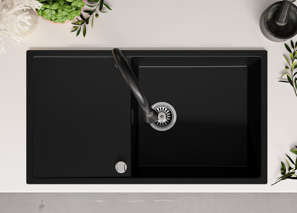 SPÜLBECKEN Ibiza, 2-er set Schwarz 90/50 cm 1 Becken + Ablauf-Set ab 60er Unterschrank - Chromfarben/Schwarz, Kunststoff (90/19/50cm) - Primagran