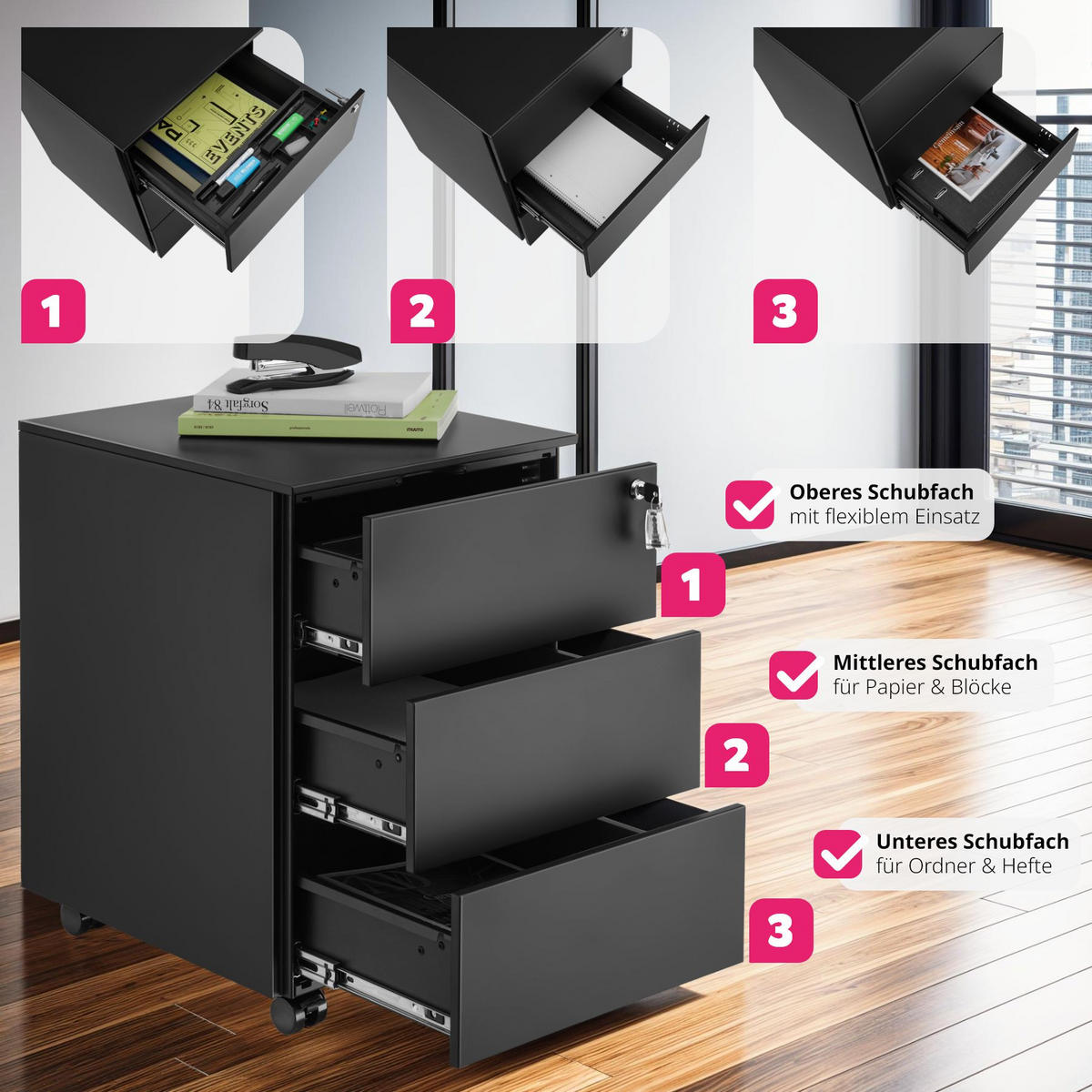 AKTENROLLSCHRANK Magna,39 x 45 x 55 cm,schwarz - Schwarz, Textil (39/55/45cm) - tectake