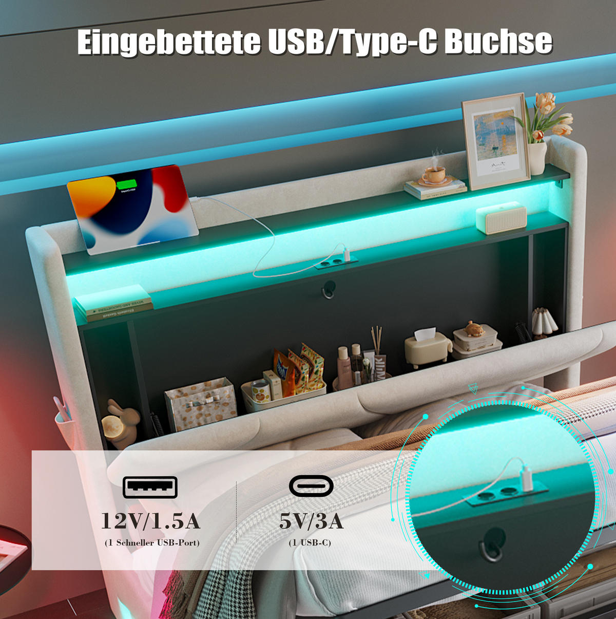 POLSTERBETT 160/200 cm in Beige aus Samt mit LED-Beleuchtung und Stauraum - Beige, Textil (160/200cm) - Flora Grace
