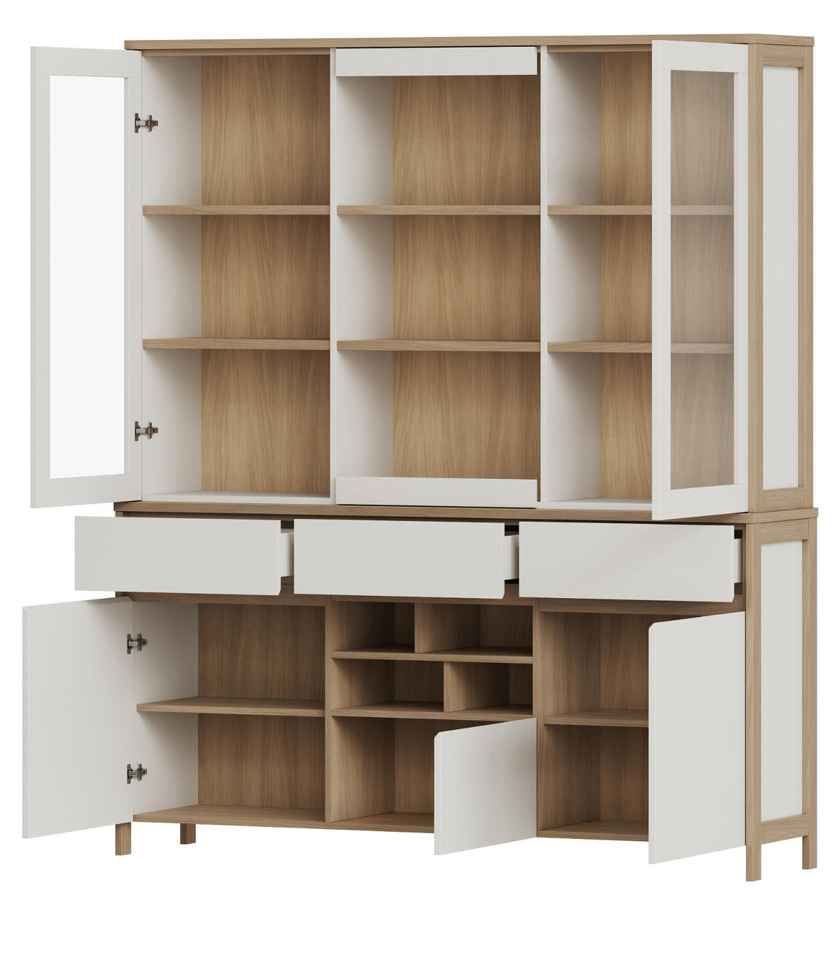 BUFFET weiß, Eiche, Buffetschrank skandinavisch 164 cm mit Soft-Close, Finnes - Eichefarben/Weiß, Glas/Holzwerkstoff (164/195/39cm) - Furn.Design