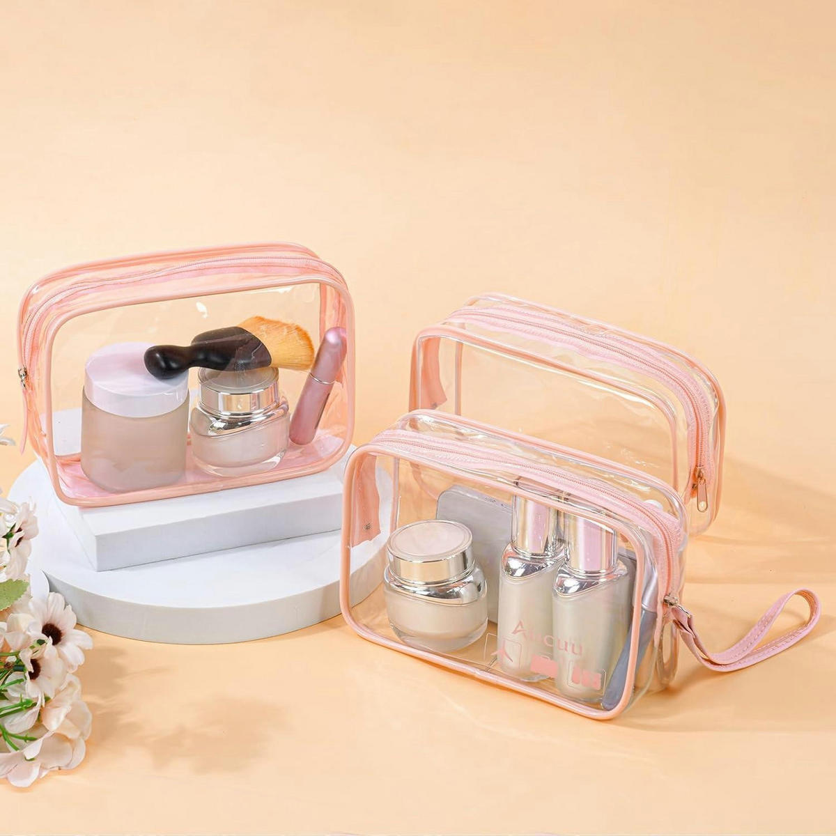 KULTURTASCHE 2-teiliges Set Transparent Rosa - Transparent, Kunststoff (18/2/26cm)