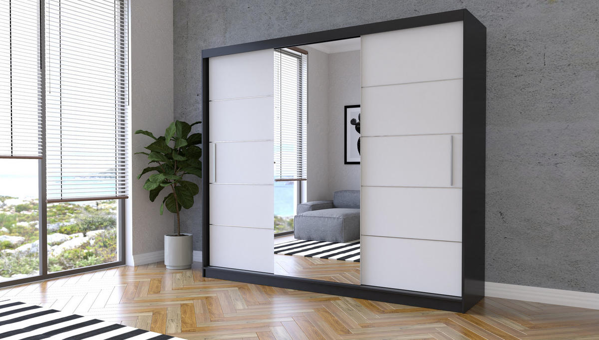 SCHIEBETÜRENSCHRANK - ELBA I Schwarz + Weiß - Schwarz/Weiß, Holzwerkstoff/Metall (250/218/61cm) - Möblo