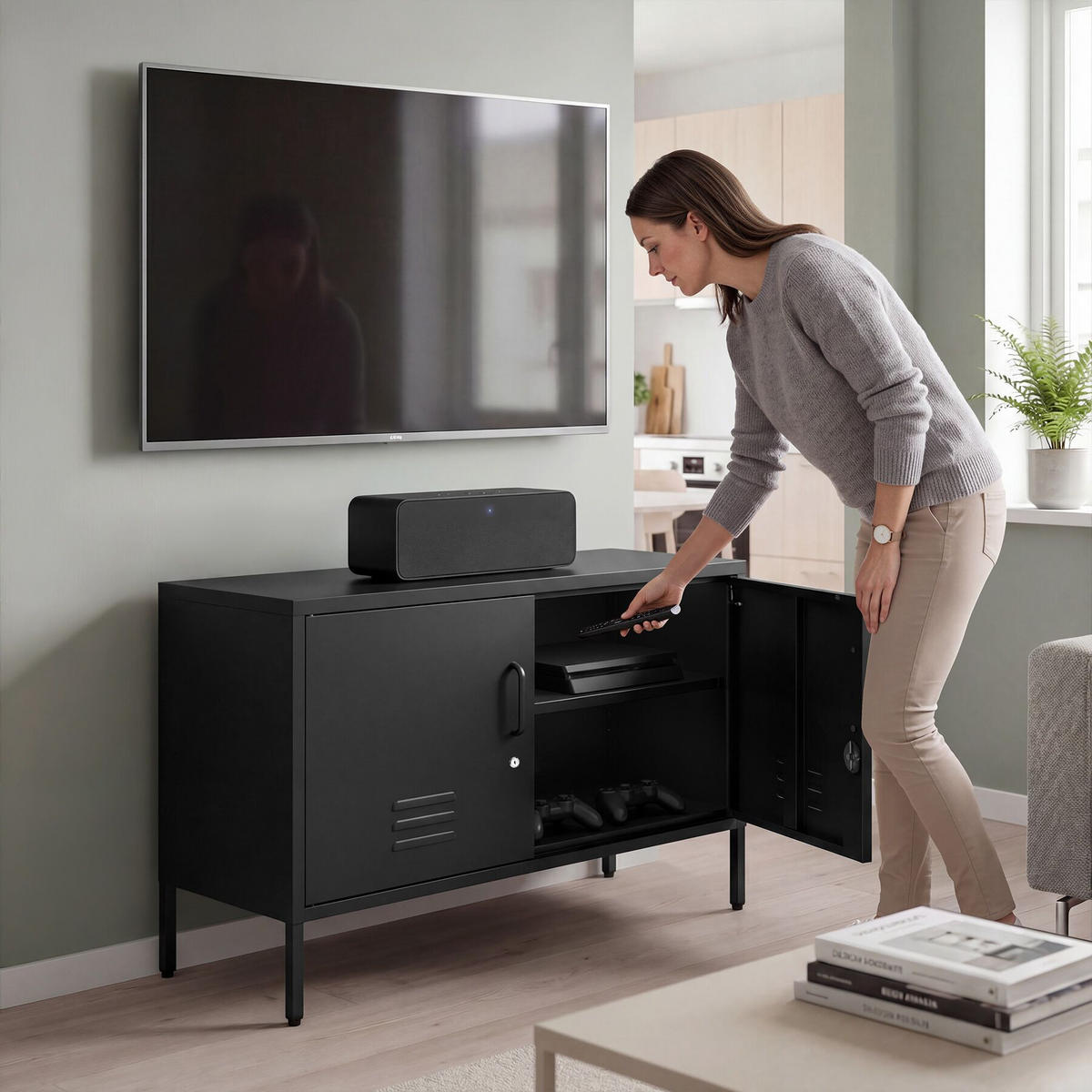 SIDEBOARD Baker, Kippschutz, höhenverstellbare Füße, schwarz - Schwarz, Metall (100/65/42.5cm) - tectake