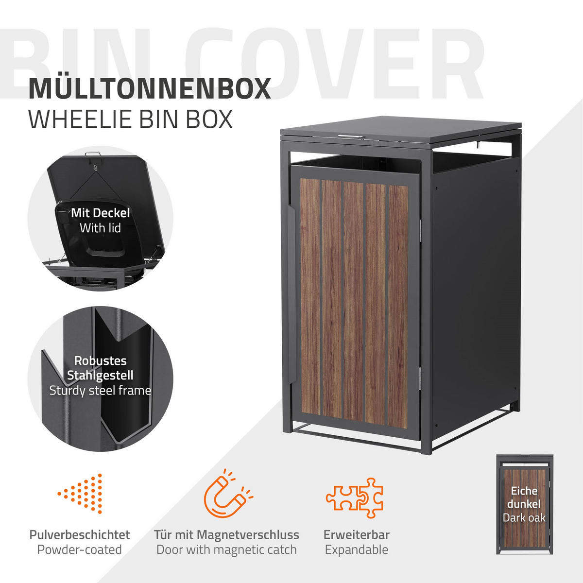 MÜLLTONNENBOX 1er 240L 68x80x120 cm Anthrazit-Eiche dunkel aus Stahl - Dunkelbraun, Metall (80/120/68cm) - ML-DESIGN