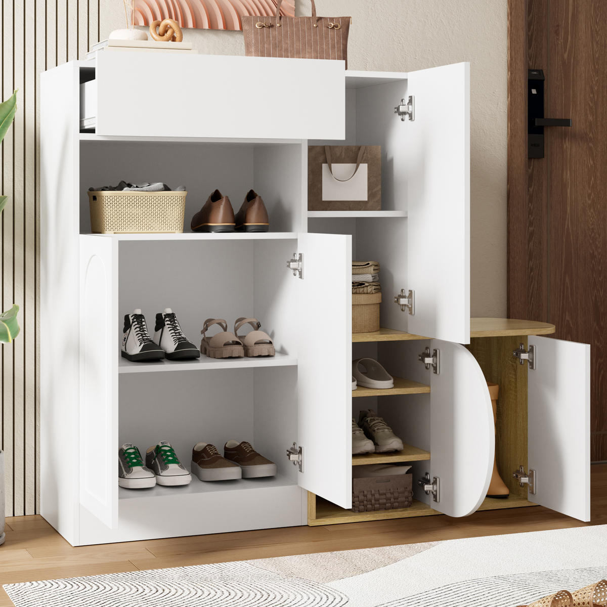 SCHUHSCHRANK mit Sitzbank 5 Türen Weiß Holzoptik Modern - Multicolor, Holzwerkstoff (130/110.5/35cm) - FLIEKS