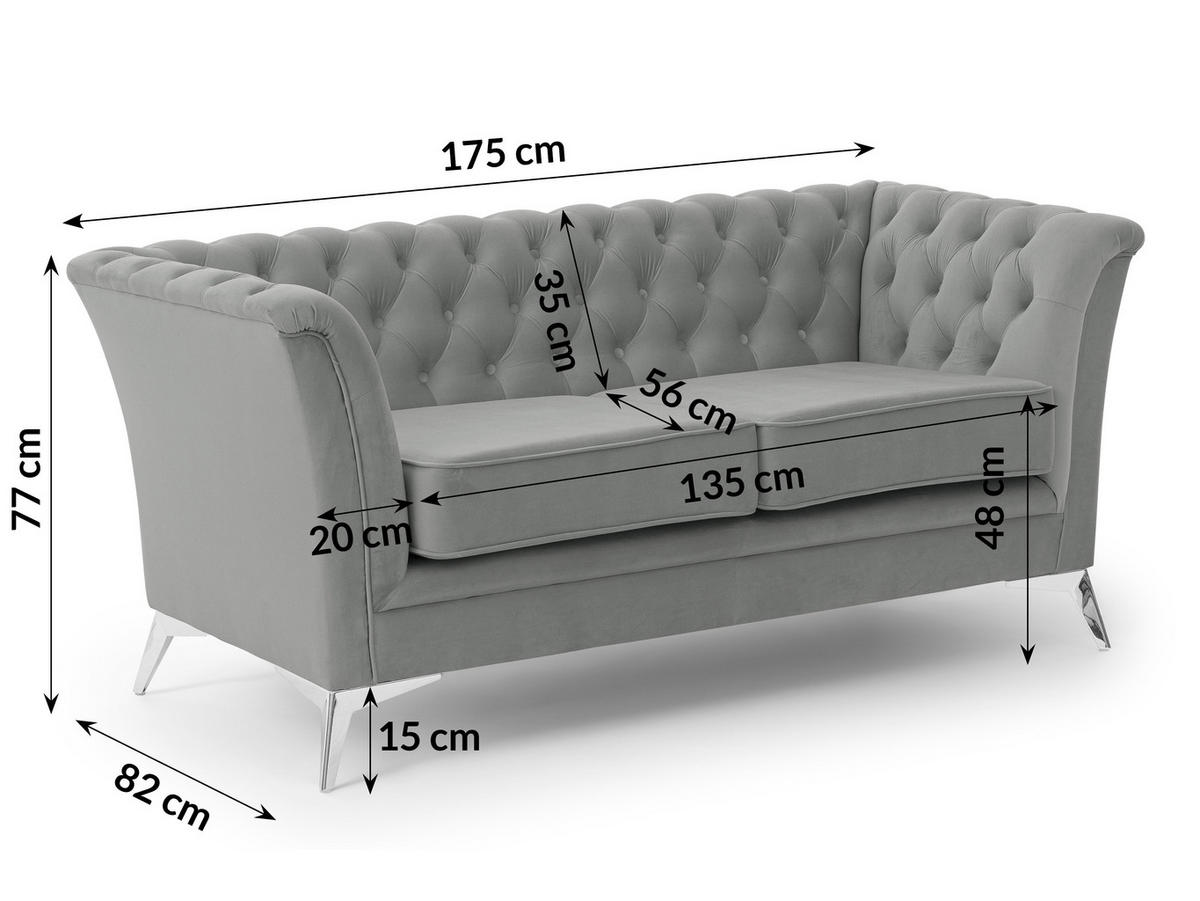 SITZGARNITUR 3+2 Chesterfield Whitby Grau Samt mit silbernen Füßen - Silberfarben/Grau, Holz/Textil (237/78/82cm) - S-Style Möbel
