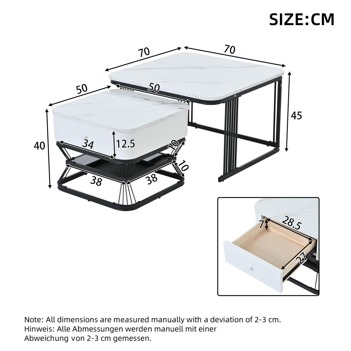 COUCHTISCH Set 70/70/45 cm und 50/50/40 cm Weiß + Schwarz mit 1 Schublade aus MDF und Metall - Weiß, Glas (70/70/45cm) - OKWISH