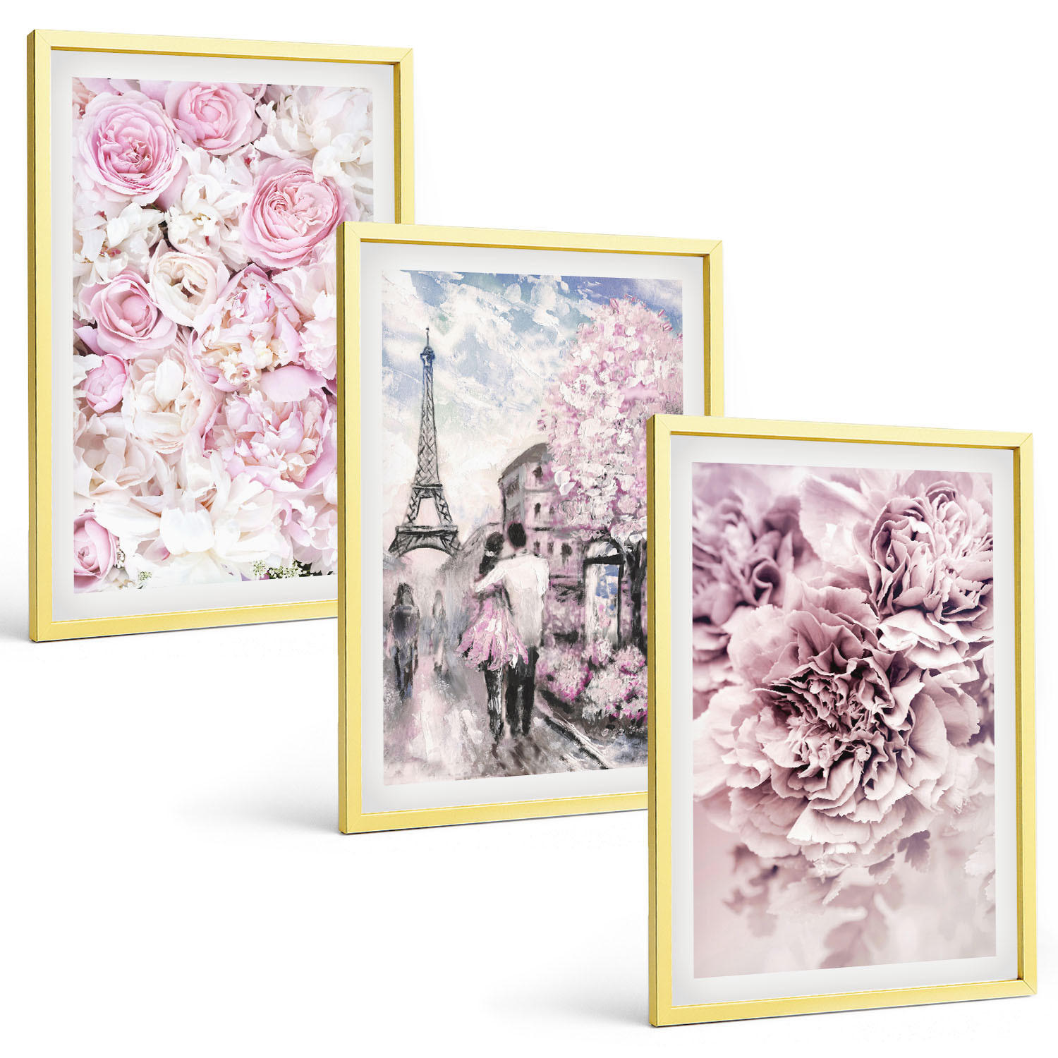BILDER SET 3er Set - 40x60 cm Goldrahmen - Blumenlandschaft in Rosatönen - Goldfarben, Kunststoff (40/60cm) - TULUP