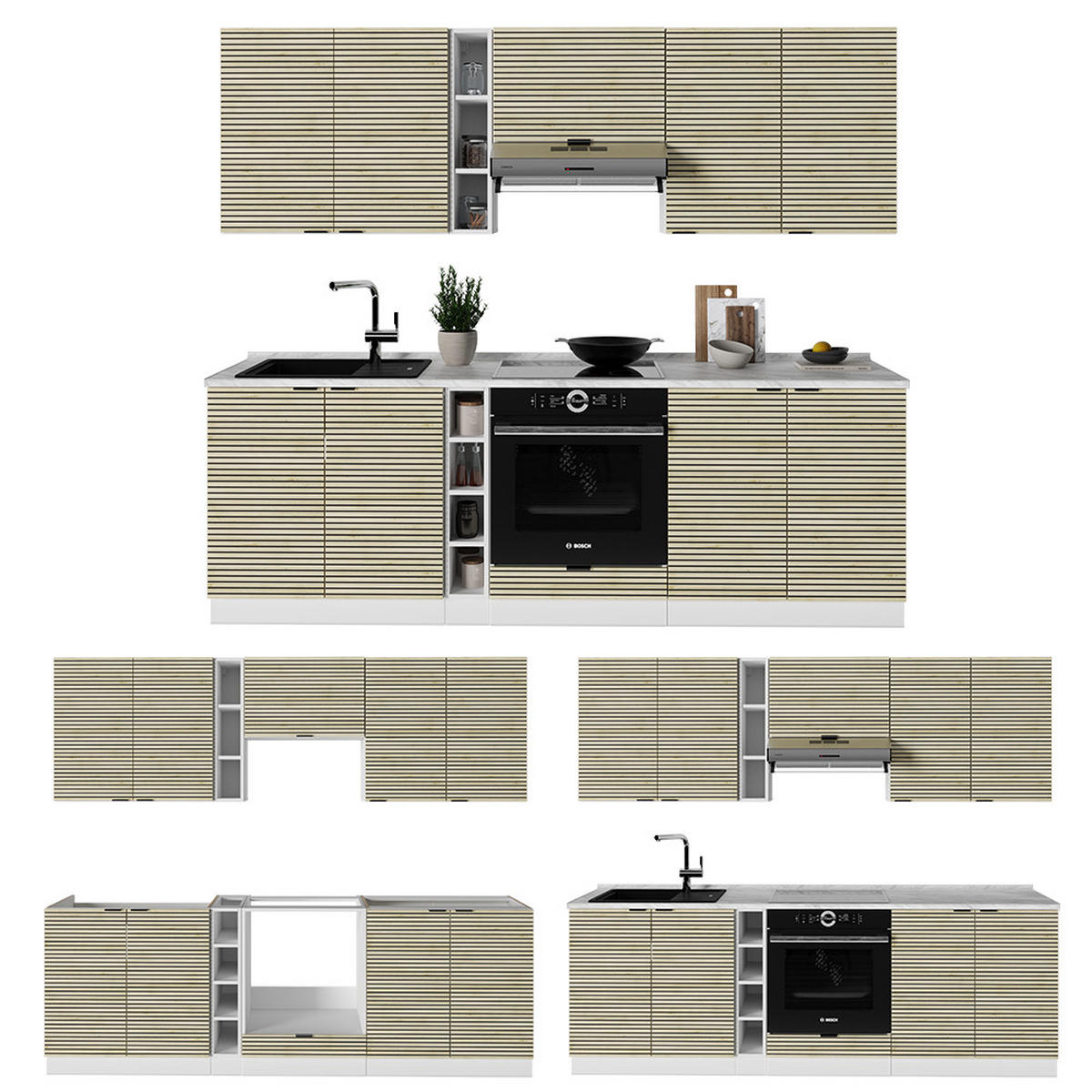 KÜCHENZEILE Fame-Line Eiche Paneel/Weiß 235 cm , AP Marmor - Eichefarben/Weiß, Holzwerkstoff (235/81.6/60cm) - Vicco