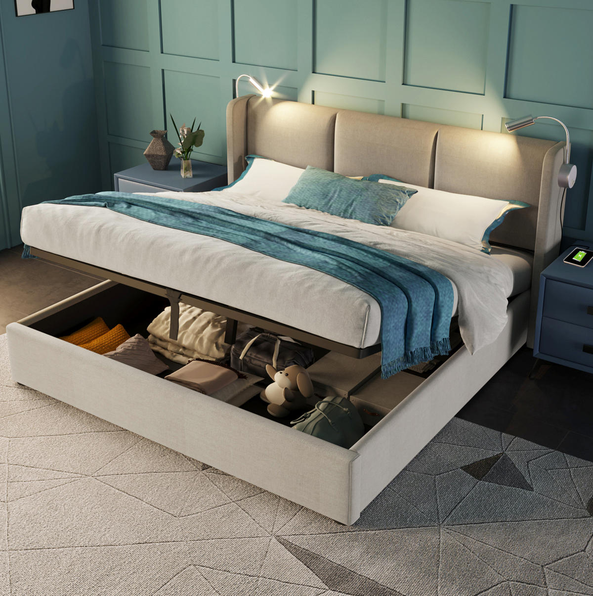 POLSTERBETT mit Bettkasten 140x200 cm Beige inklusive Matratze - Beige, Metall (140/200cm) - Meubliv