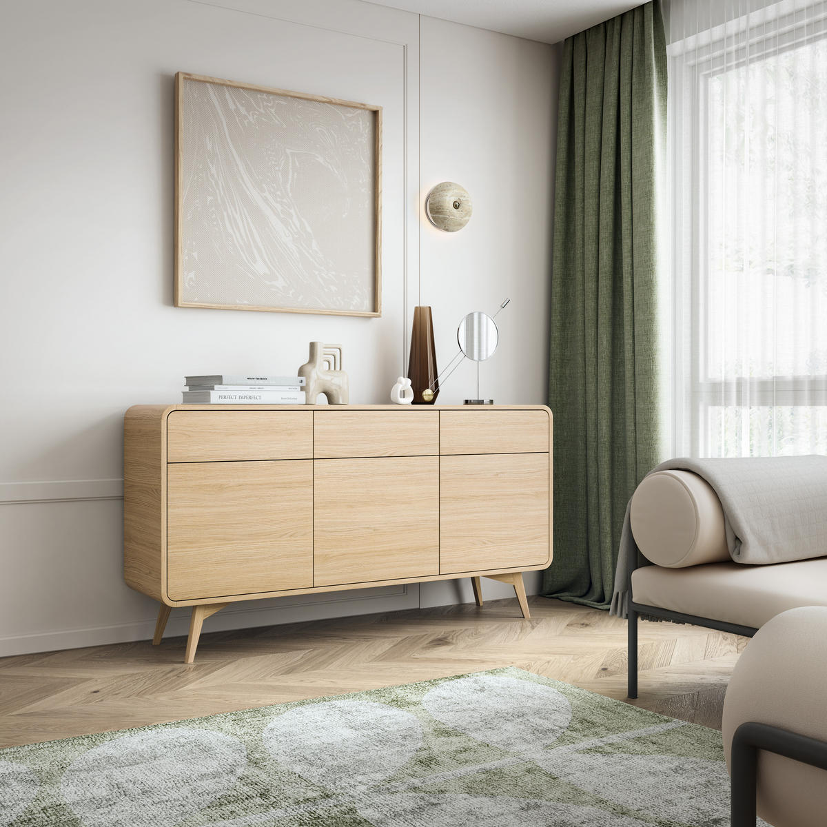 SIDEBOARD LEVANTE 160/84/39cm mit 3 Schubladen 3 Türen Eichefarben - Eichefarben/Naturfarben, Holzwerkstoff (160/84/39cm) - MASSENO