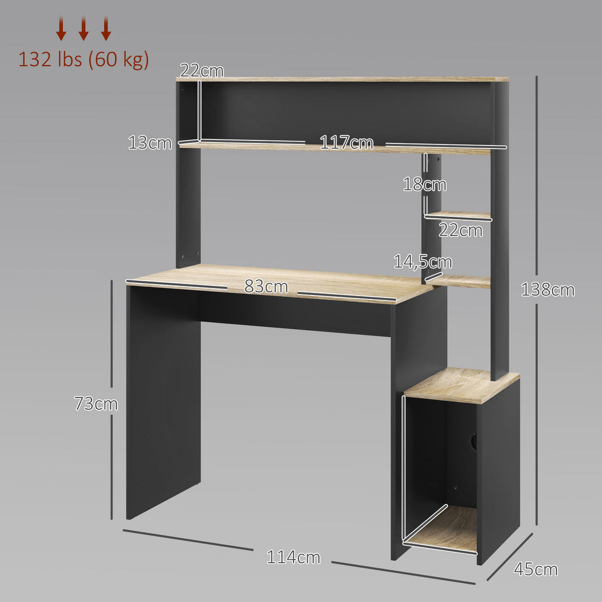 SCHREIBTISCH mit Regalen und PC-Halterung für das Homeoffice 114/45/138 cm - Grau, Holzwerkstoff (45/114/138cm) - PANGIVO