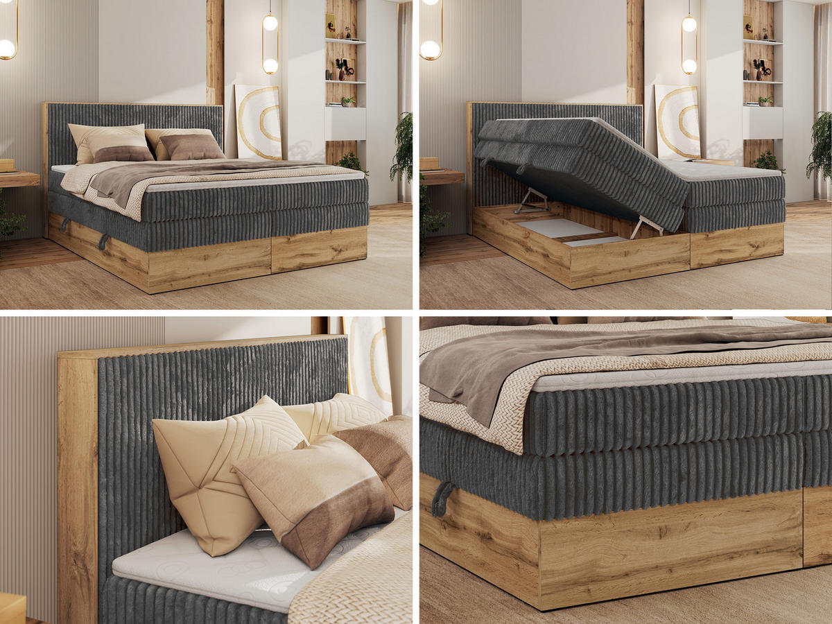 BOXBETT WOOD CLASSIC KING 180/200 - Grau Cord - H3 - Grau, Textil (180/200cm) - MKS