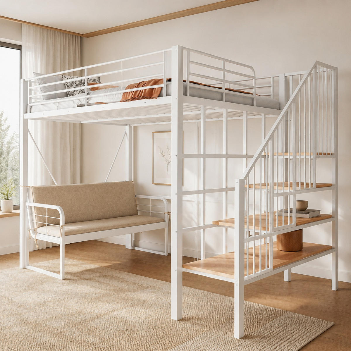 HOCHBETT 140/200 mit Polstersofa, Stauraumtreppe und Metallrahmen in Weiß - Weiß, Holzwerkstoff/Metall (140/200cm) - EVRYAE