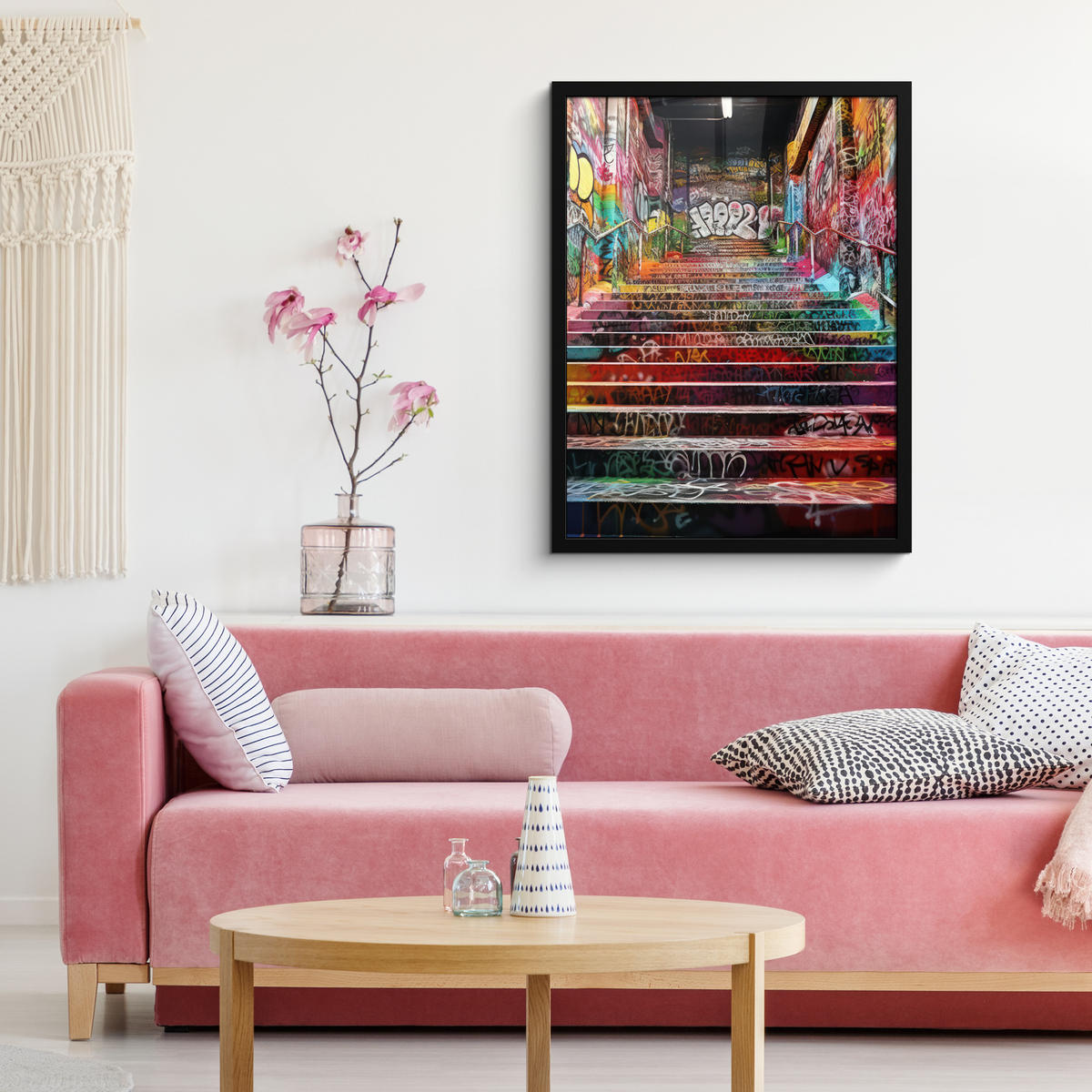 POSTER MIT RAHMENGERAHMTES BILD Treppe - Graffiti - Farben - Kunst Posterleiste 60x80 cm - Multicolor, Papier (60/80cm) - MuchoWow
