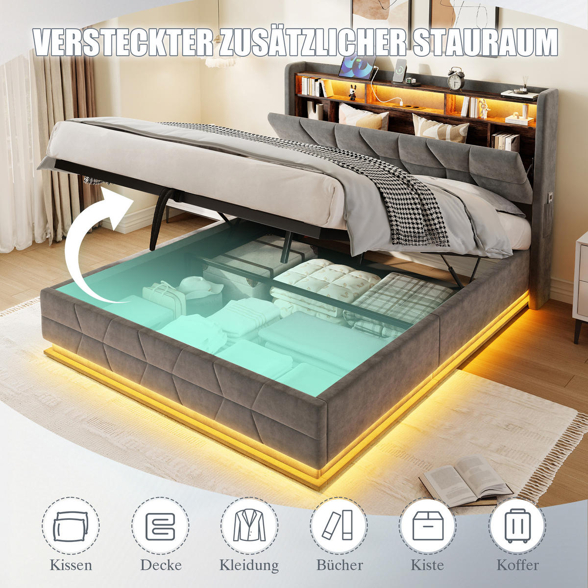 POLSTERBETT aus Velvet 160x200 cm in Dunkelgrau mit LED & USB/Type-C - Dunkelgrau, Textil (160/200cm) - Modfu