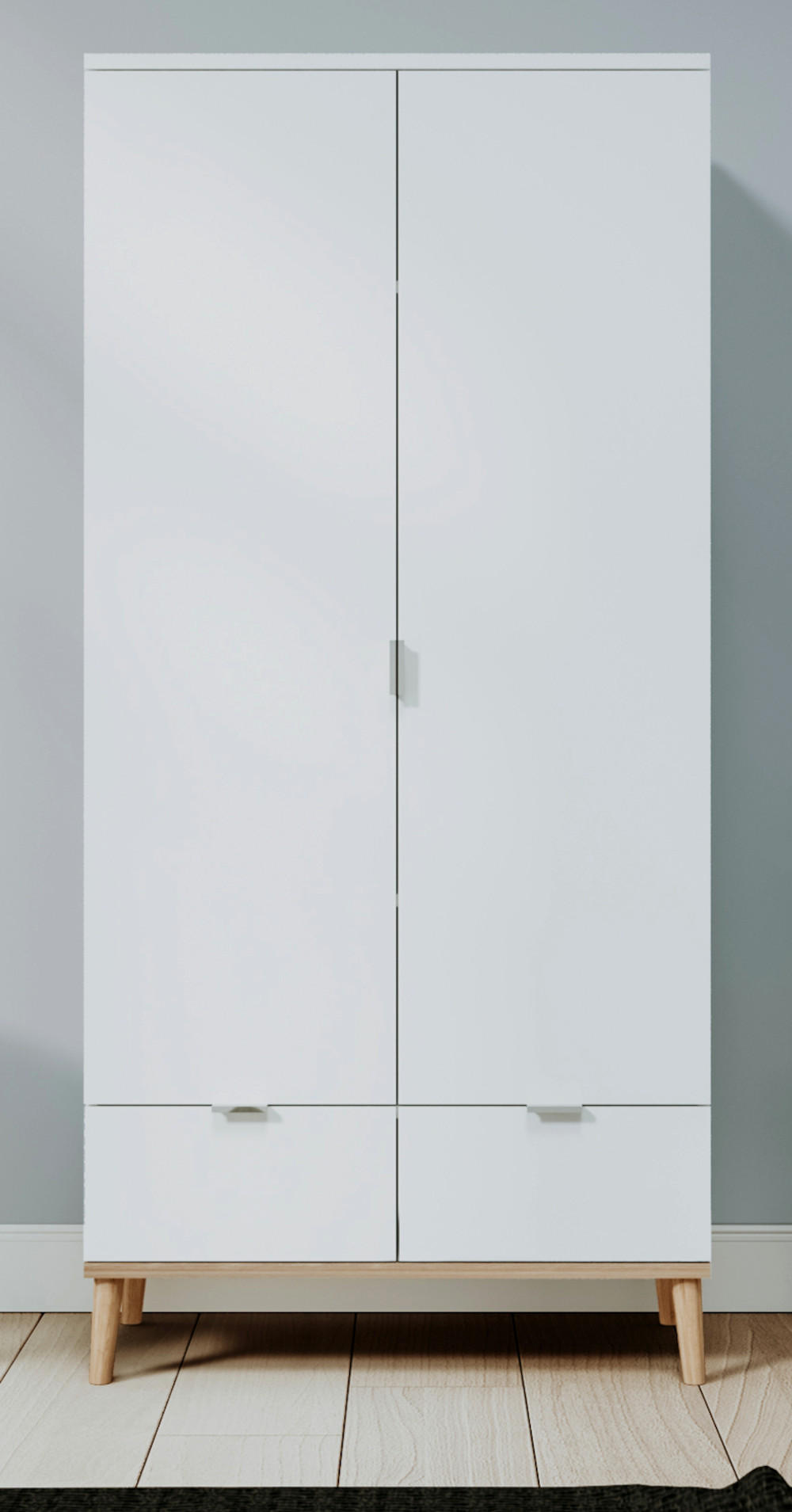 KLEIDERSCHRANK weiß matt, Eiche Sonoma massiv 90 x 180 cm, Drehtürenschrank skandinavisch - Chromfarben/Eichefarben, Holz/Holzwerkstoff (90/180/55cm) - Furn.Design