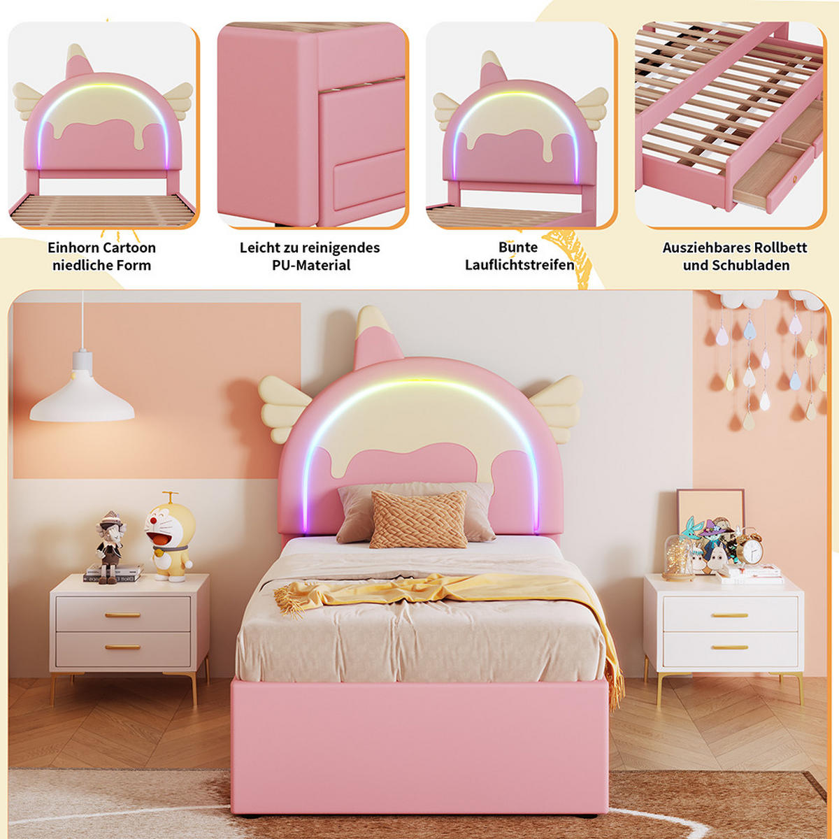 KINDERBETT 90/200 cm in PU Rosa mit Einhornform - Pink, Holz/Textil (90/200cm) - KOMHTOM