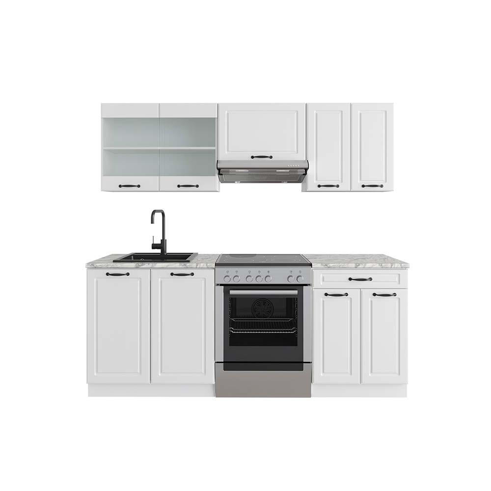 KÜCHENZEILE R-Line Weiß Landhaus/Weiß 200 cm, AP Marmor - Creme/Weiß, Holzwerkstoff (200/81.6/60cm) - Vicco