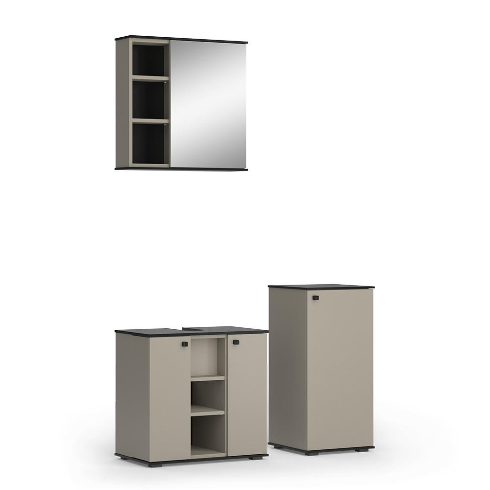BADMÖBEL-SET Joli Greige 3 Teile, mit Midischrank - Greige/Schwarz, Holzwerkstoff (60/59/37cm) - Vicco