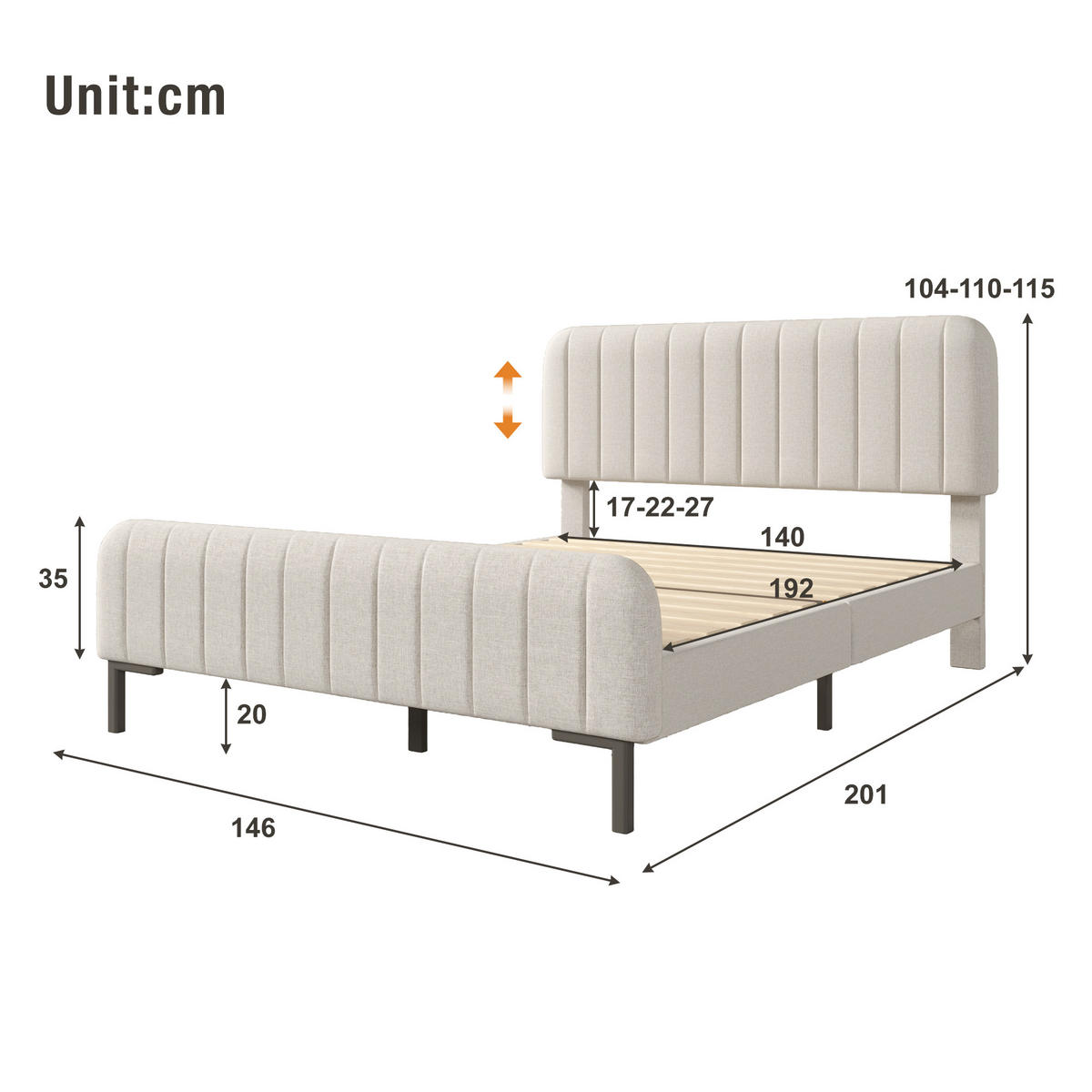 POLSTERBETT 140/190 cm Doppelbett mit verstellbarem Kopfteil und Lattenrost Grau Beige - Beige/Grau, Holz/Metall