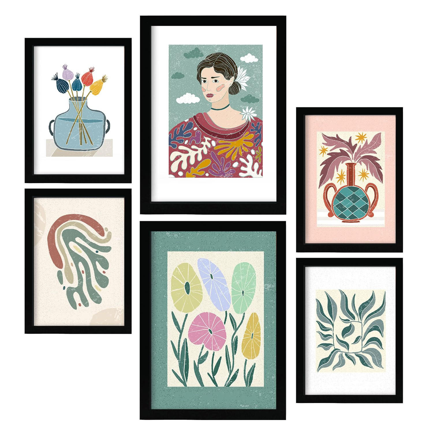 POSTER Set Mit 6 Drucken Blüten In Der Sammlung Von Ethnischenen Ästhetische Dekorative Rahmen Für Ihr Zuhause Wandkunstdruck A3 & A4 Schwarzer Rahmen - Schwarz, Papier (29/3cm) - Nacnic