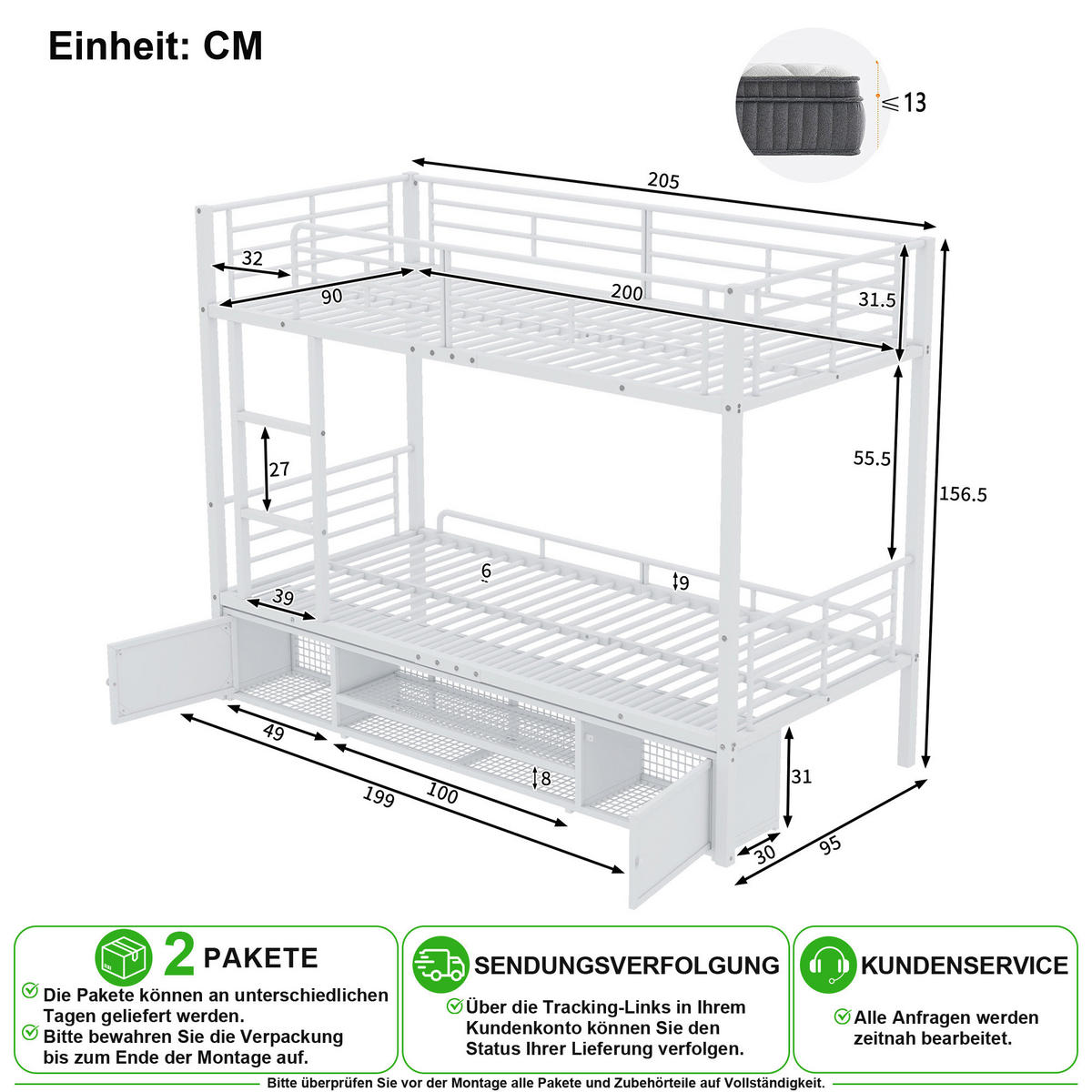 ETAGENBETT 90/200 cm & 90/200 cm in Weiß mit Schuhregal und 2 Türen - Weiß, Metall (90/200cm) - CHICFURN