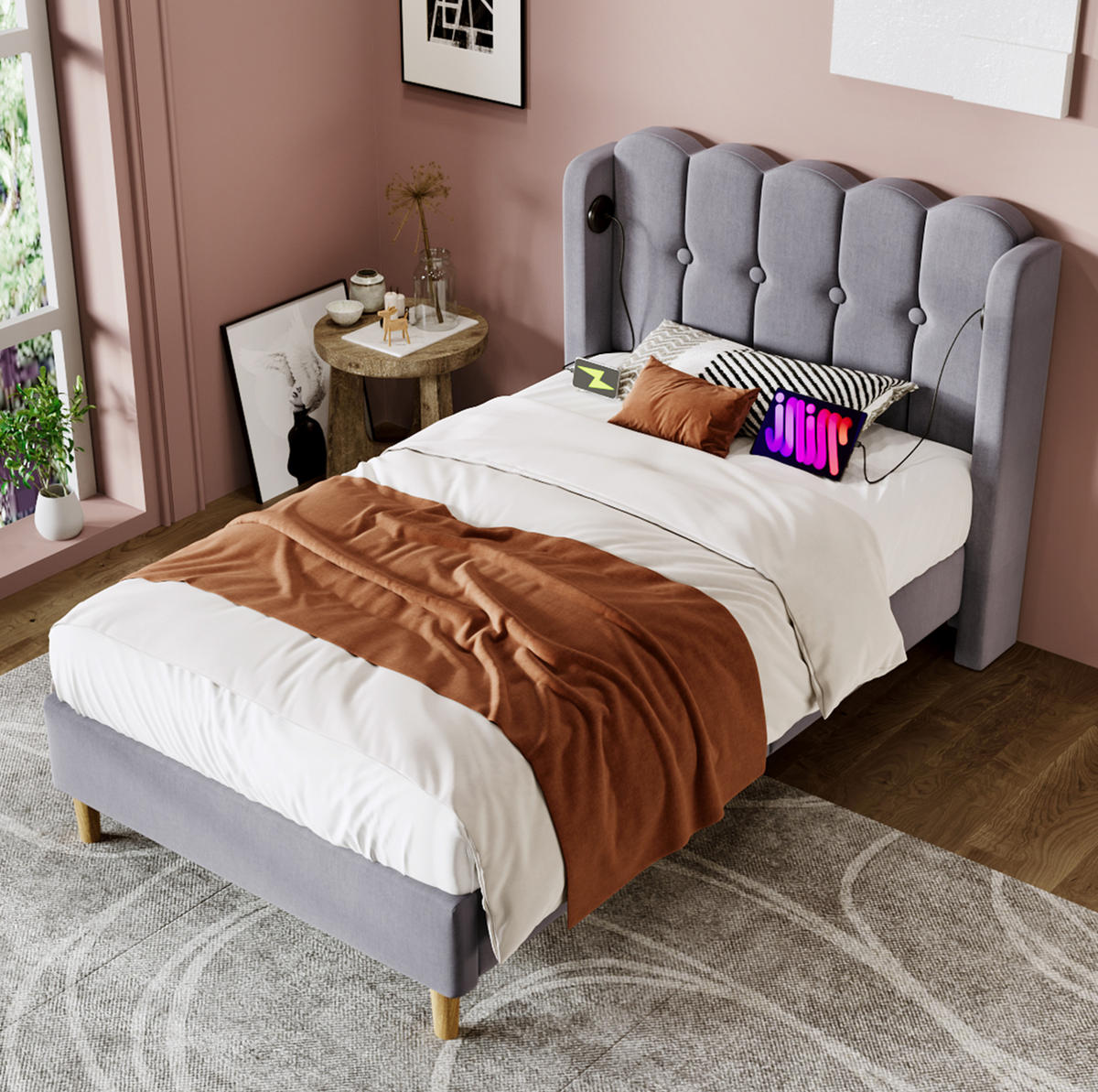 POLSTERBETT 90/200 cm Grau aus Leinen mit USB- und Typ-C-Ladefunktion - Grau, Textil (90/200cm) - OKMYHOME