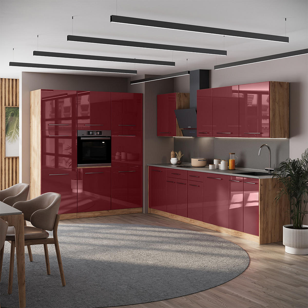KÜCHENZEILE Fame-Line, Bordeaux Hochglanz/Goldkraft Eiche, 460 cm, AP Anthrazit - Honigeiche/Bordeaux, Holzwerkstoff (460/206.8/60cm) - Vicco