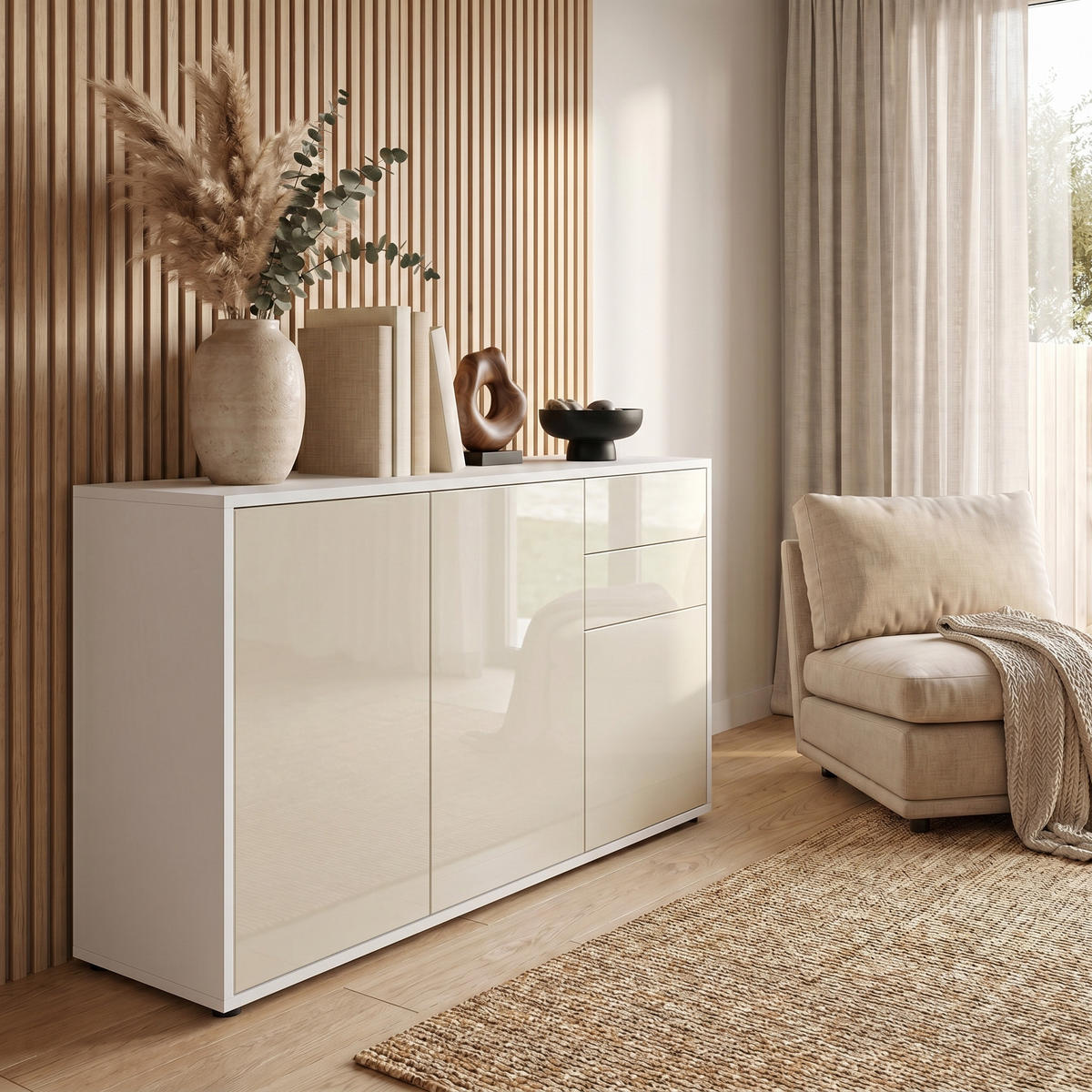KOMODA Ben V3 Bijela mat/Krem visoki sjaj (117 x 74 x 36 cm) - krem, drvni materijal (117/74/36cm) - Vladon