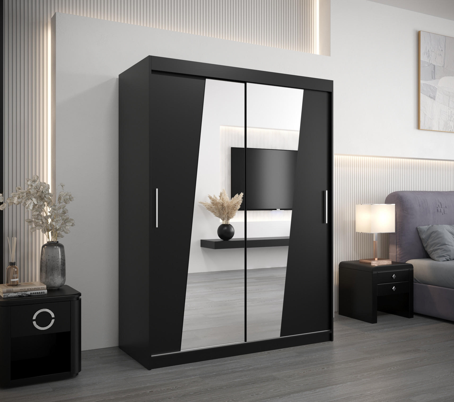 SCHWEBETÜRENSCHRANK 200/150/62 2-türig - Silberfarben/Schwarz, Holz/Kunststoff (150/200/62cm) - MÖBEL KRYSPOL