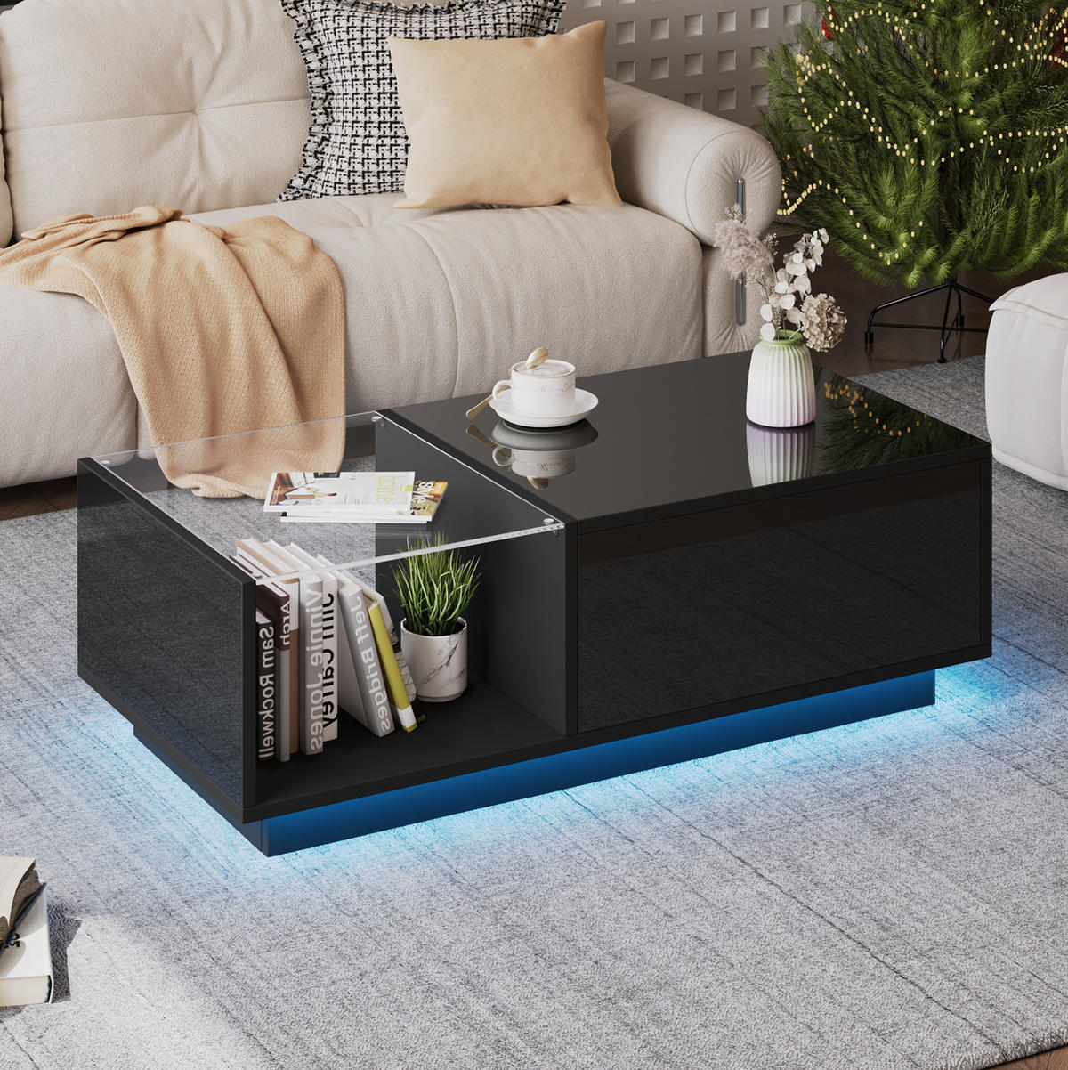 COUCHTISCH 100/50/(33-46,5) cm Schwarz mit Höhenverstellbar und LED-Beleuchtung - Schwarz, Holzwerkstoff (100/50/33cm) - OKWISH