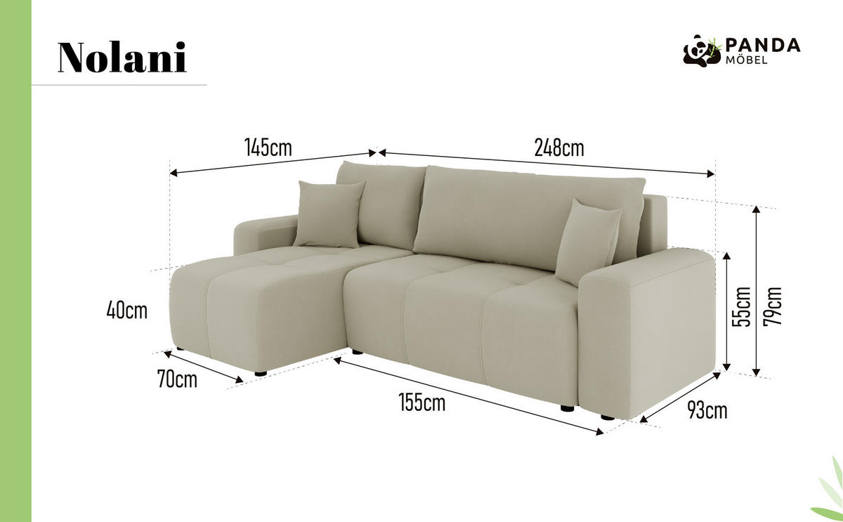 ECKSOFA Nolani mit Schlaffunktion & Bettkasten – Modern & Bequem - Beige, Kunststoff (248/145cm) - Panda Möbel