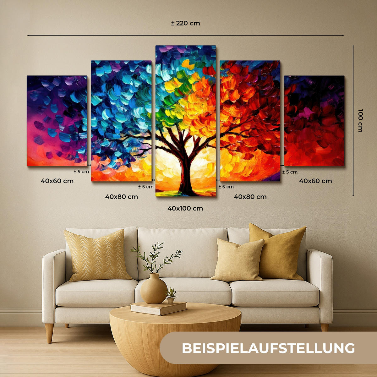 LEINWANDBILD 5er Set Baum - Farbenfroh - Malerei-Look - Abstrakt 200x100 cm - Multicolor, Textil (200/100cm) - MuchoWow