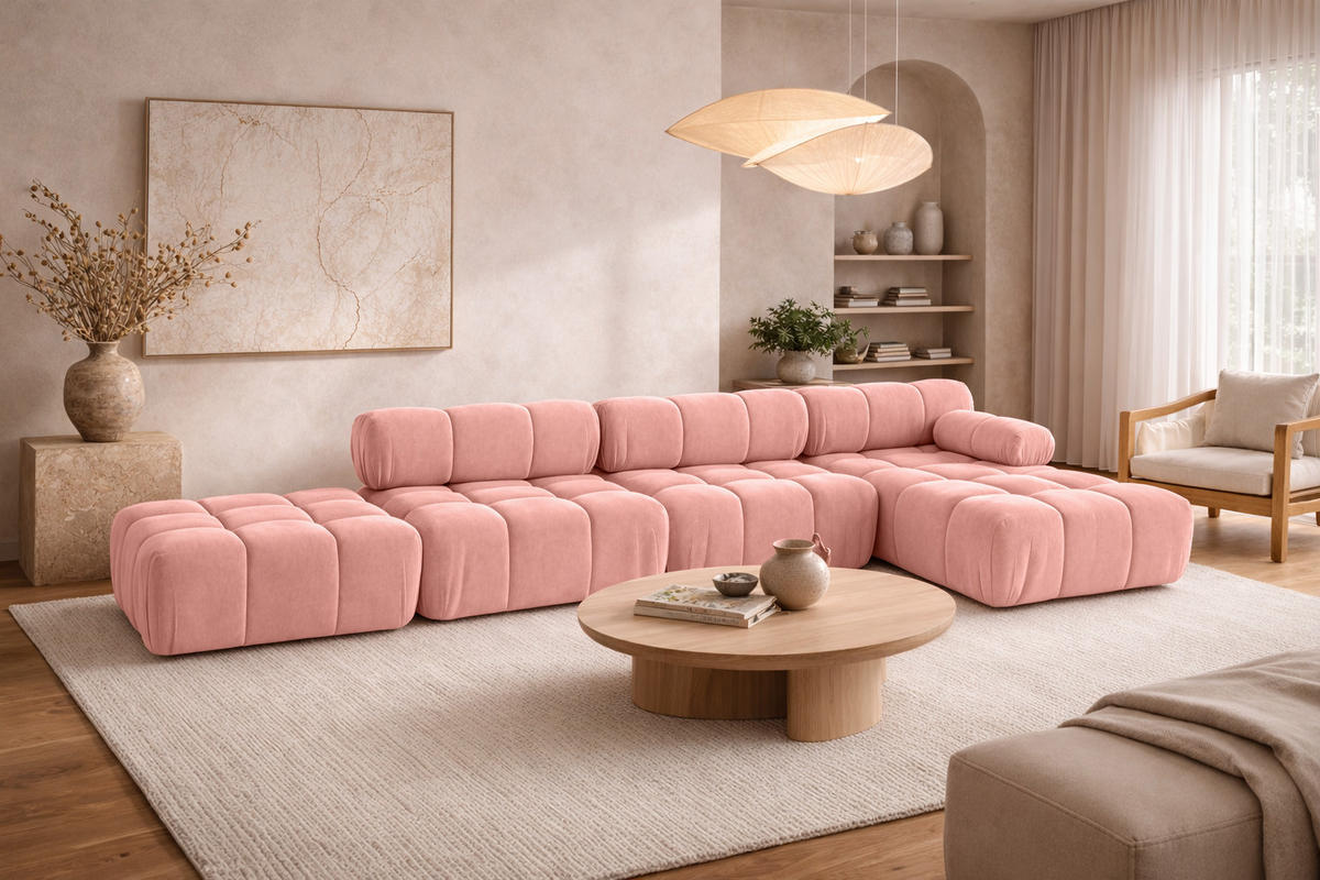 ECKSOFA L-Form XL, Stoff Velours Salvador, Rosa, Rechts, Selia L XL - Pink, Holz (380/160cm) - Kaiser Möbel