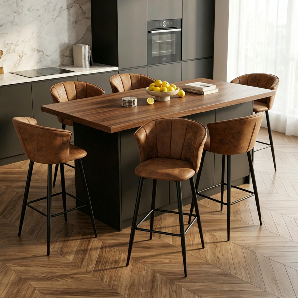 BARHOCKER 6er-Set, Sitzhöhe 72 cm, gepolstert, Bezug in Wildlederoptik, Braun - Schwarz/Braun, Textil/Metall (46.2/97/49.5cm) - Meubles Cosy