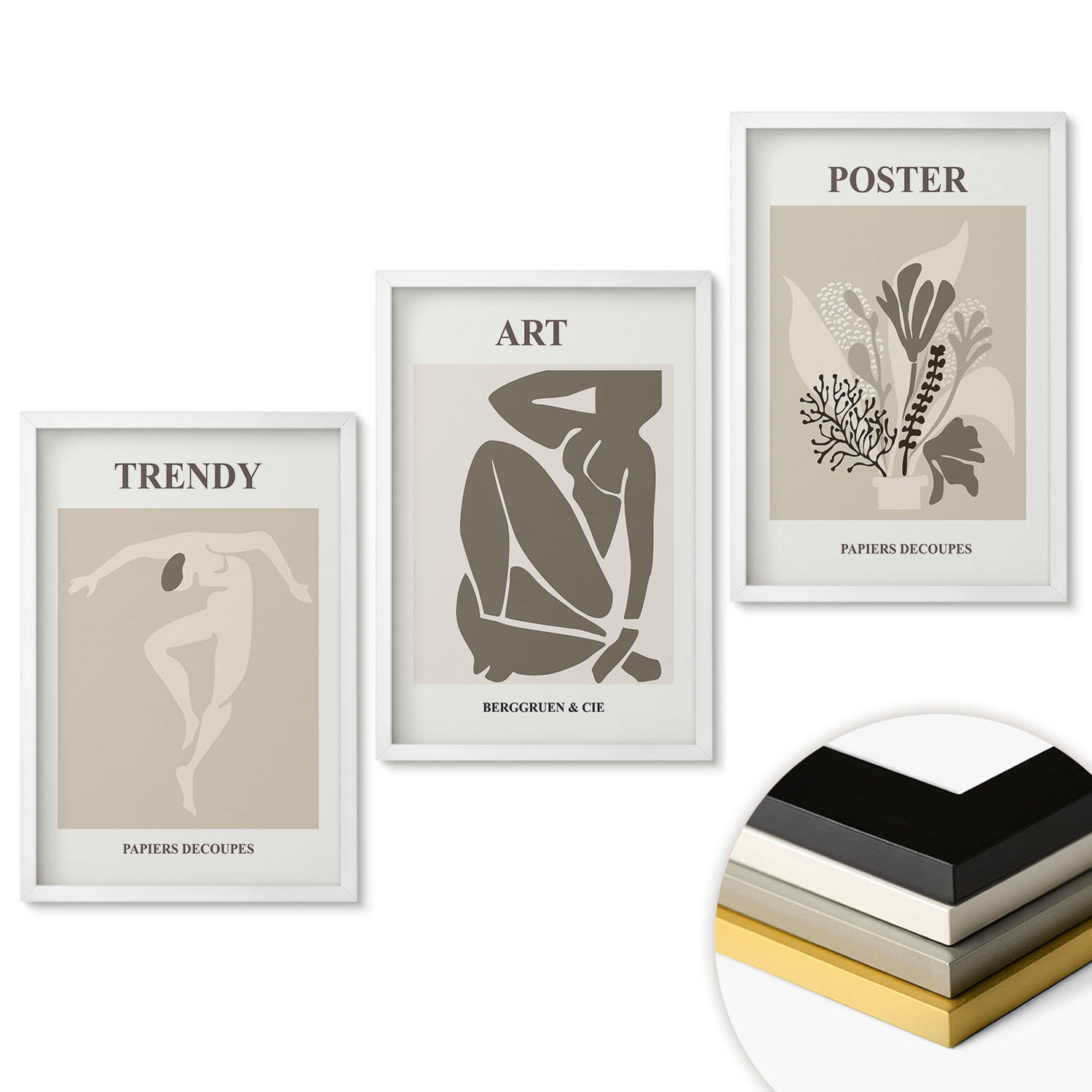 WANDBILDER 3er-Set - 40x60 cm Weißer Rahmen - Matisses Pflanzenfiguren - Weiß, Kunststoff (40/60cm) - ArtPrintCave