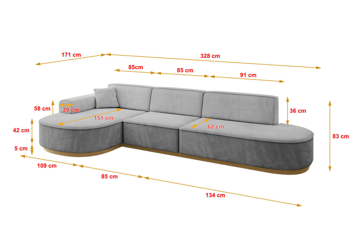 ECKSOFA Ottomane Links MARI-L2-v2 - 328x171x83 cm Grau Velours - Grau, Holzwerkstoff/Textil (328/171cm) - ALTDECOR
