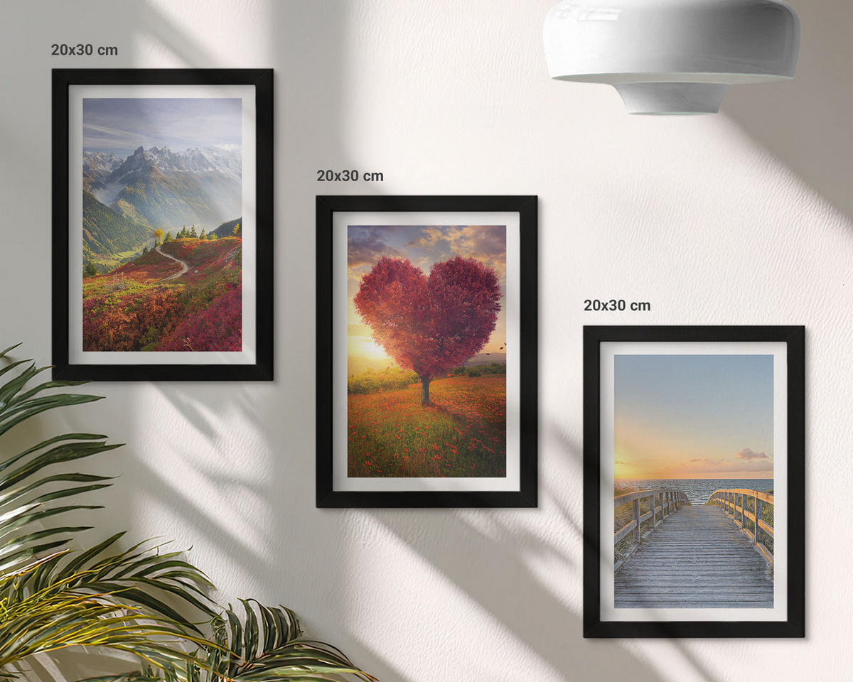 BILDER SET 3er Set - 20x30 cm Schwarzer Rahmen - Landschaften Berge Baum Herz Pier - Schwarz, Kunststoff (20/30cm) - TULUP