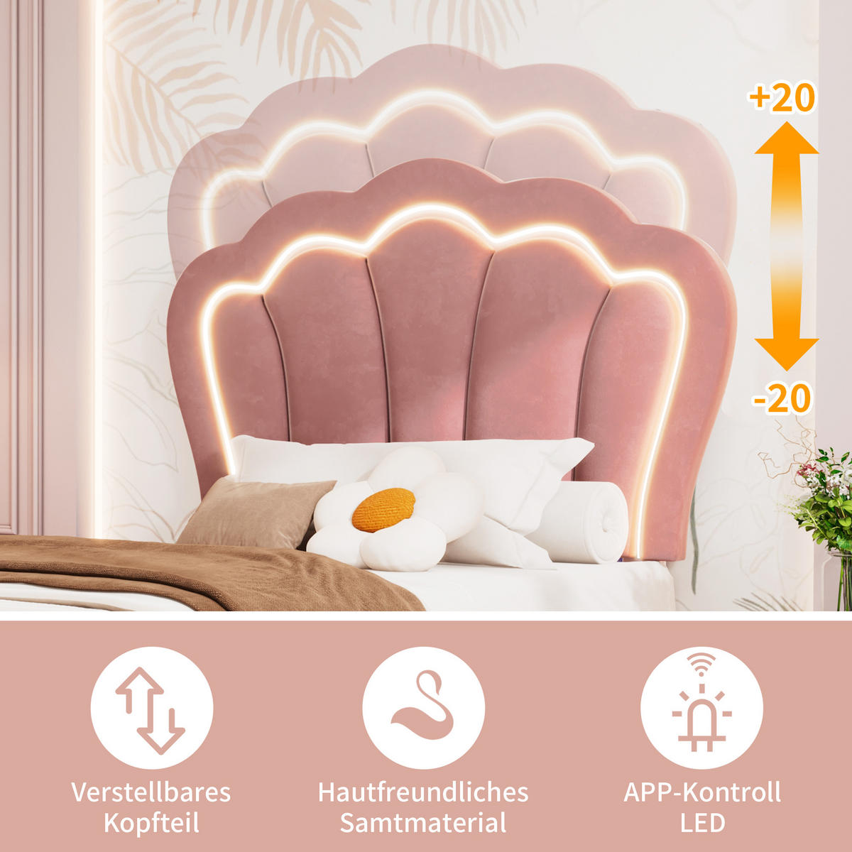 JUGENDBETT 90/200 cm in Rosa Samt mit LED und 1 Schublade - Rosa, Holzwerkstoff/Textil (90/200cm) - WISHDOR