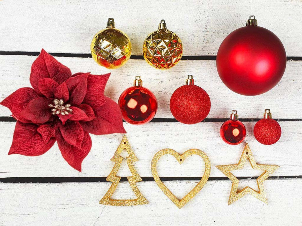 WEIHNACHTSBAUM künstlicher 150 cm, WEIHNACHTSSTERNE, mit 106-teiligem Weihnachtsbaumschmuck, inkl. Metallständer und Aufbewahrungsbox - Rot/Goldfarben, Kunststoff/Metall (104/150cm) - LAALU