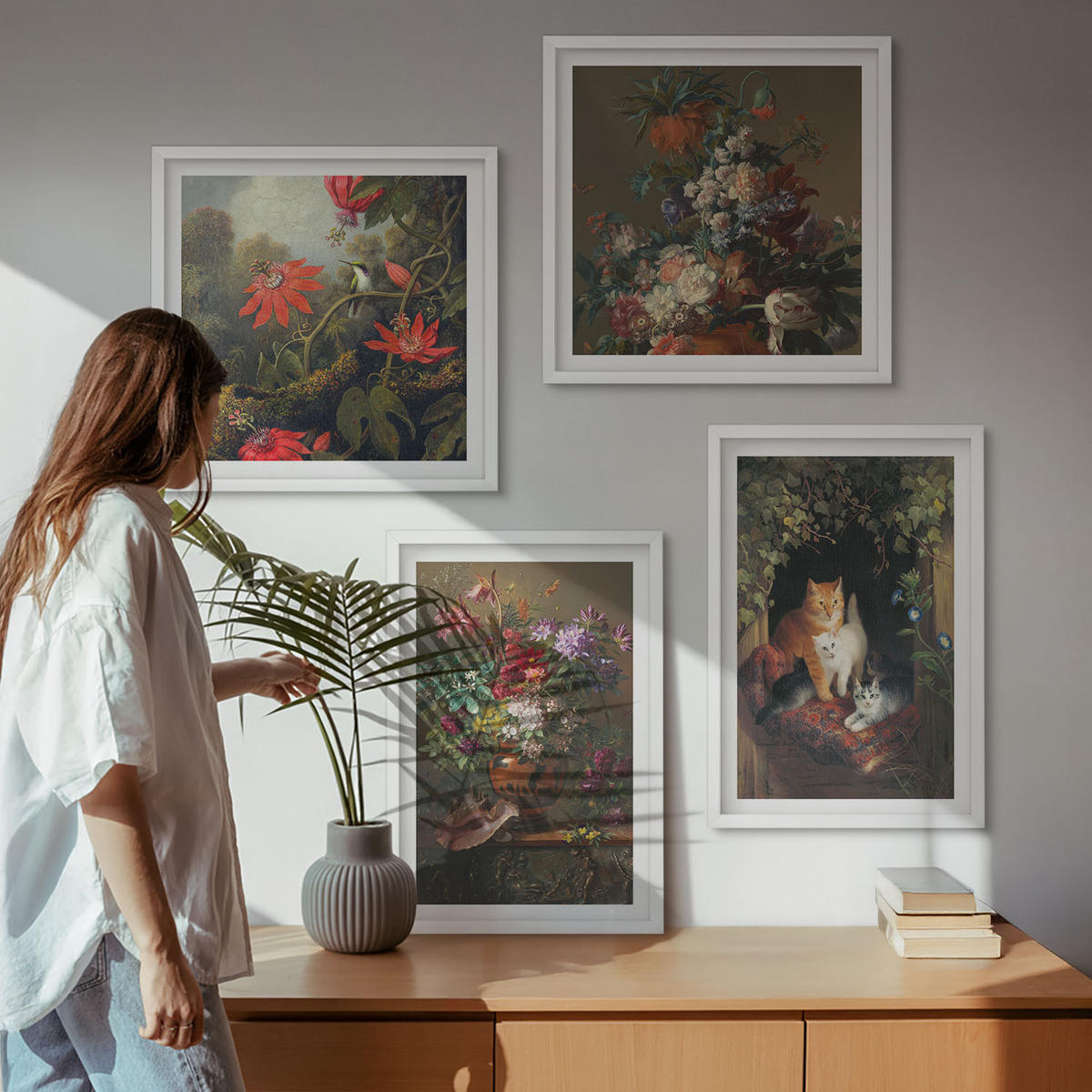 BILDER SET 4er Set - 50x50 cm & 40x60 cm Weißer Rahmen - Vintage-Blumen, Katzen, Pflanzen - Weiß, Kunststoff (50/50cm) - TULUP