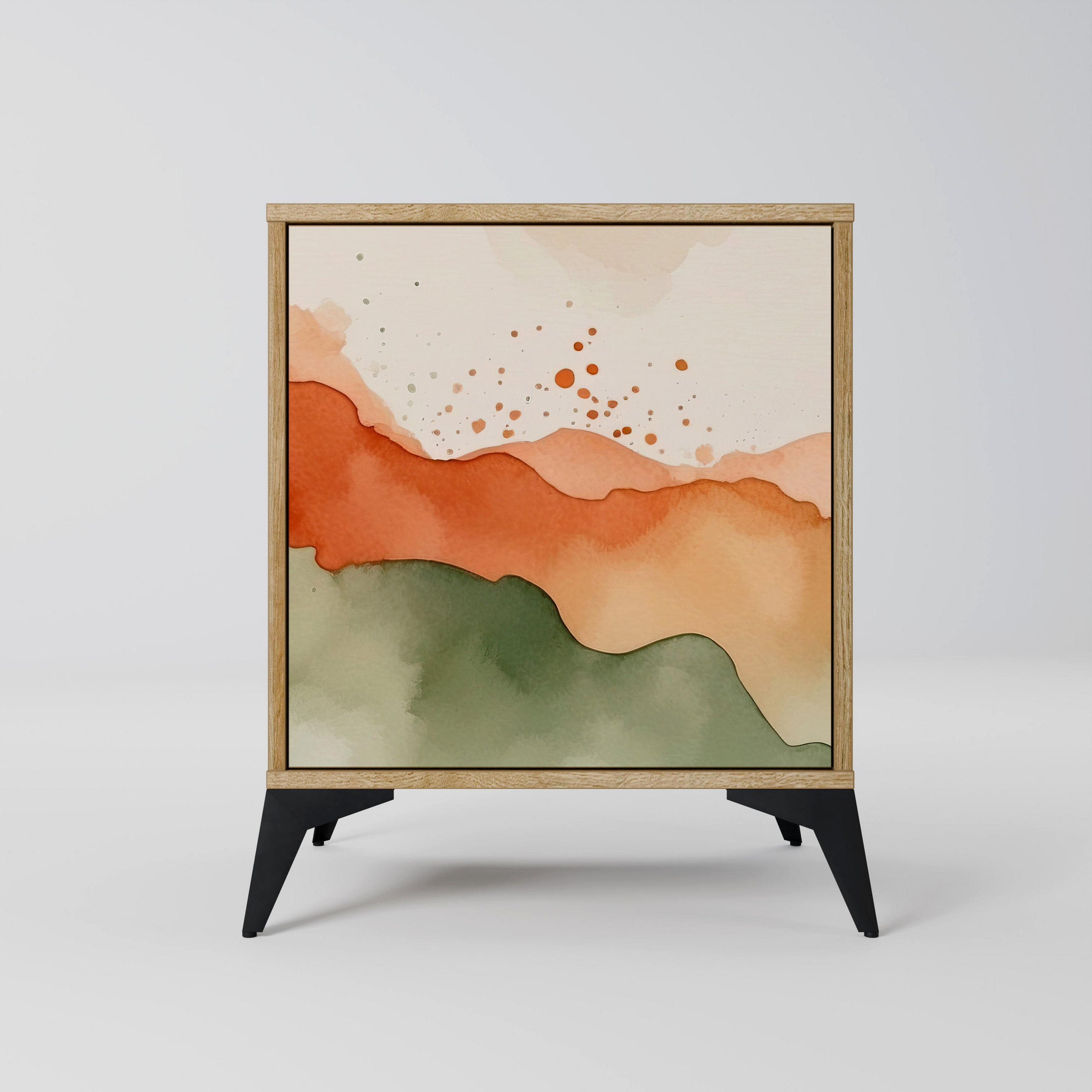 SIDEBOARD WATERCOLOUR PEAKS, Eichefarben, 57,5x42x70,5 cm, Schwarze Metall-Sternfüße - Eichefarben/Multicolor, Holzwerkstoff/Metall (57.5/70.5/42cm) - SpaceRebels