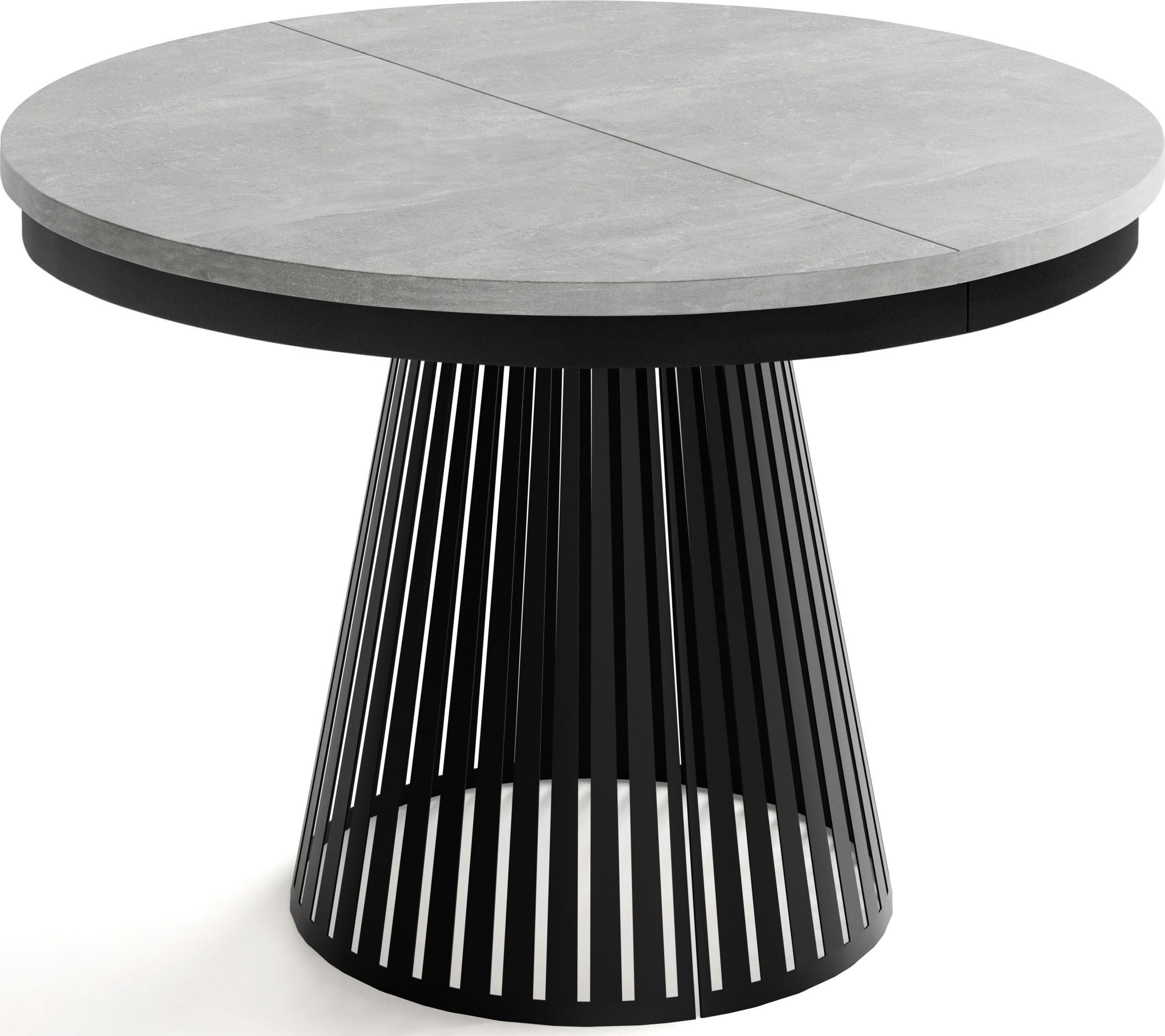 ESSTISCH Naro rund ausziehbar mit Schwarzem Lamellen-Metallgestell, Grauer Beton 120-200/120/76 cm - Hellgrau/Schwarz, Holzwerkstoff/Metall (120/120/76cm) - WFL GROUP