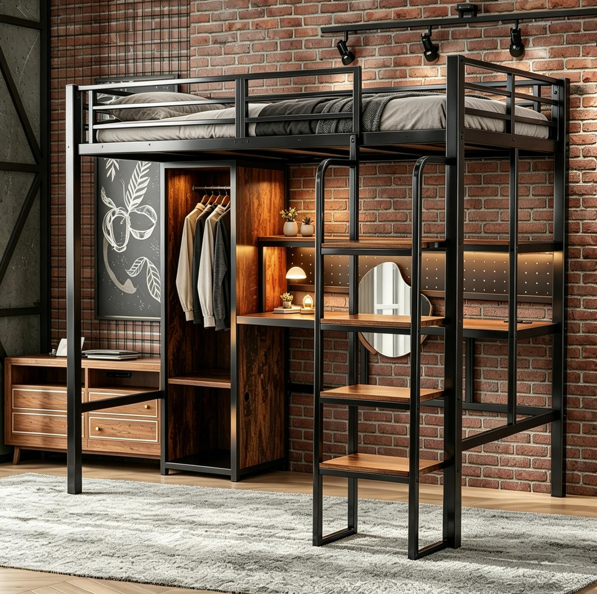 HOCHBETT 90/200 cm aus Metall und MDF mit Schreibtisch und Kleiderschrank Schwarz - Schwarz, Holzwerkstoff (90/200cm) - Modenvie