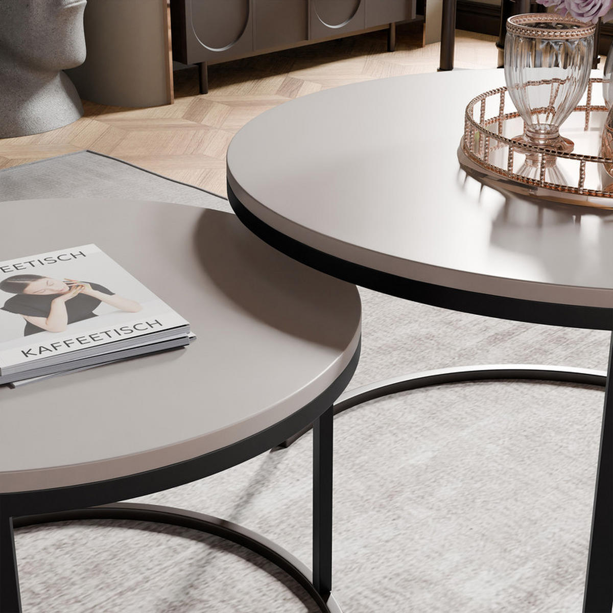 LAVO Couchtisch rund 2-in-1, Kaschmir - Kaschmir/Schwarz, Metall (70/70/48cm) - Idohome