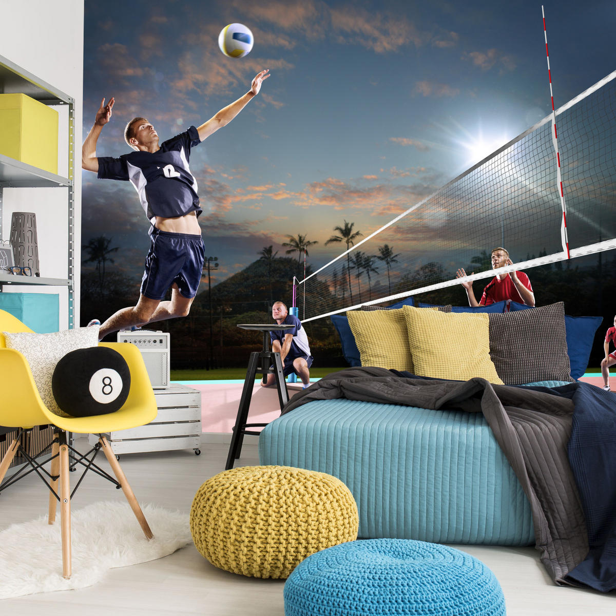 FOTOTAPETA Pre Študentskú Izbu Volejbal Pláž Trópy Zápas Hráč Palmy 250 x 175 cm - oranžová/čierna, papier (250/175cm) - Muralo