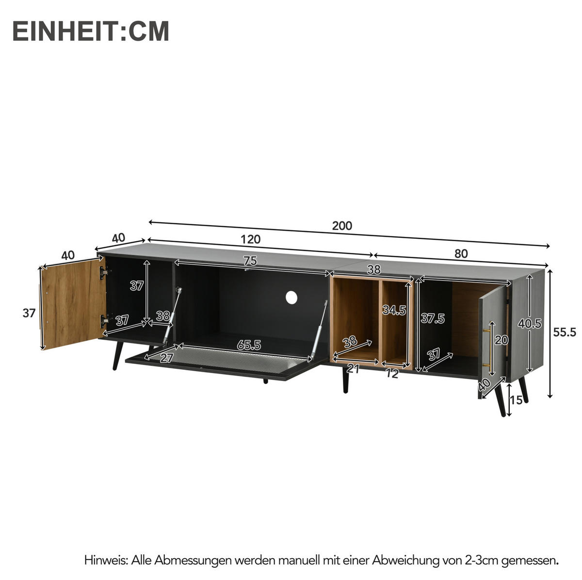 TV-SCHRANK in Grau/Braun mit 3 Türen und Kabeldurchführungen 200/40/55.5 cm - Grau, Holzwerkstoff (200/55.5/40cm) - Redom