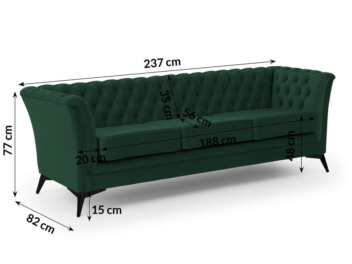 SITZGARNITUR 3+2+1 Chesterfield Whitby Flaschengrün Samt mit schwarzen Füßen - Dunkelgrün/Schwarz, Holz/Textil (237/78/82cm) - S-Style Möbel